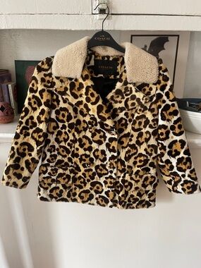 COACH Leopard-Print Teddy Jacket with Shearling Collar - Brown/Tan/Black